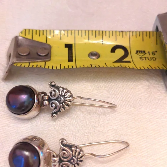 Peacock pearl sterling Silver earrings. Bali crafted Dangle drops,1 1/2"New